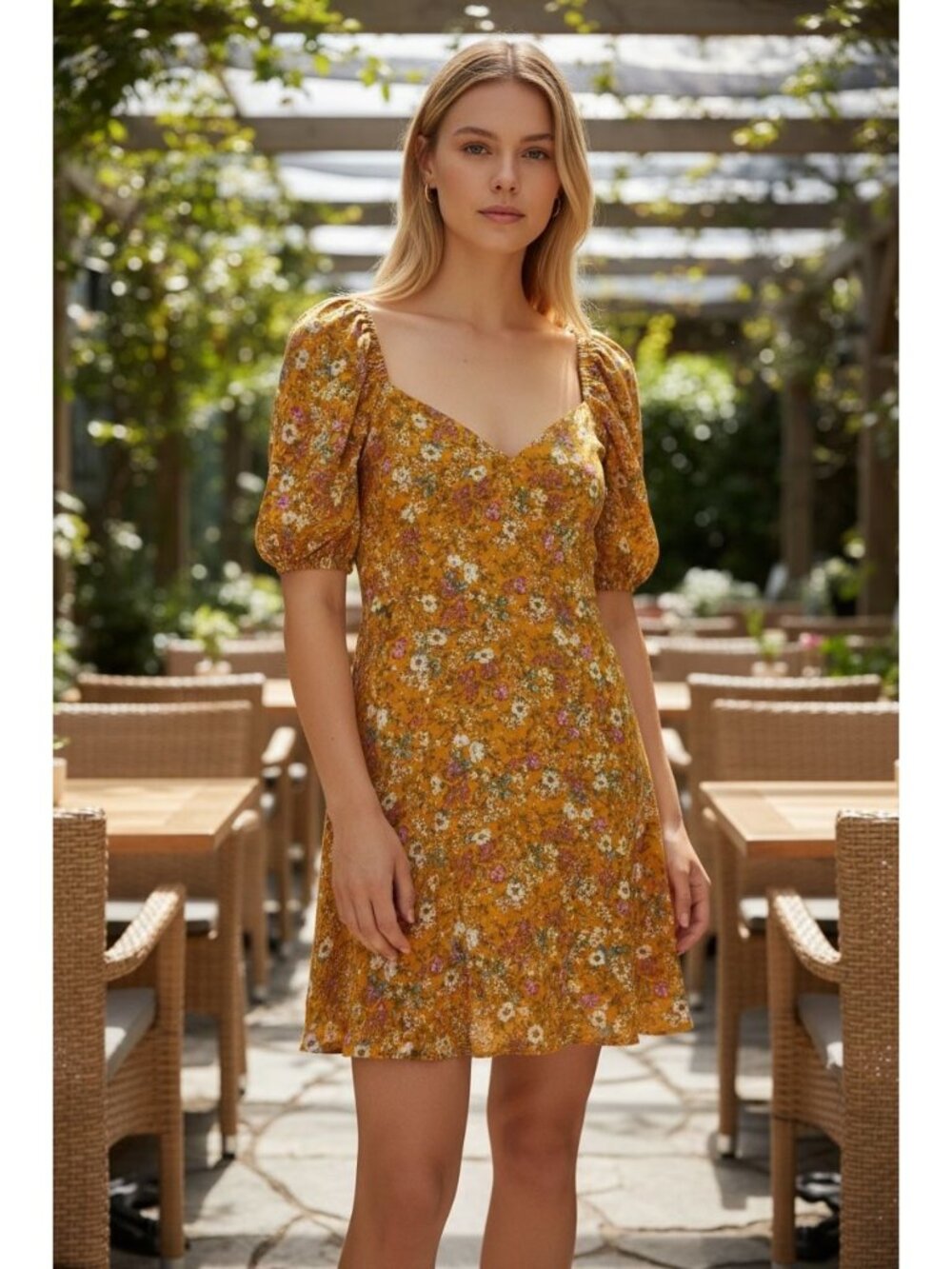 Floral Yellow Puff Sleeve Mini Dress By Lush Medium Lightweight & Flowy Romantic